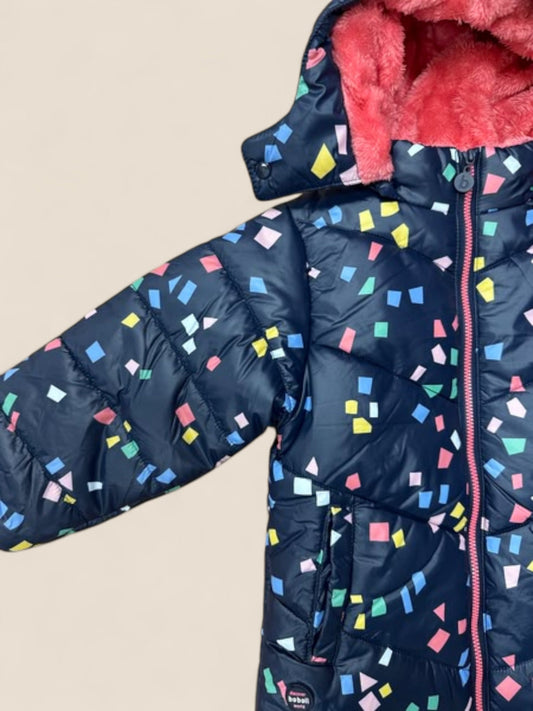Abrigo acolchado niña marino con estampado confeti y forro coral BOBOLI