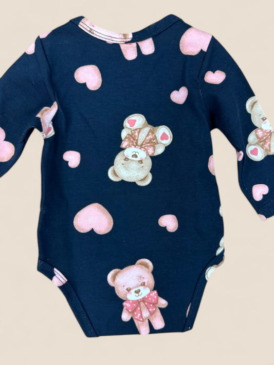 Body bebé de manga larga azul marino con estampado de ositos y corazones KYLY