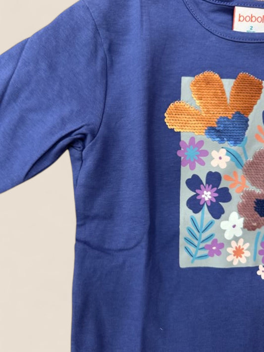 Camiseta azul niña manga larga con flores y lentejuelas reversibles BOBOLI