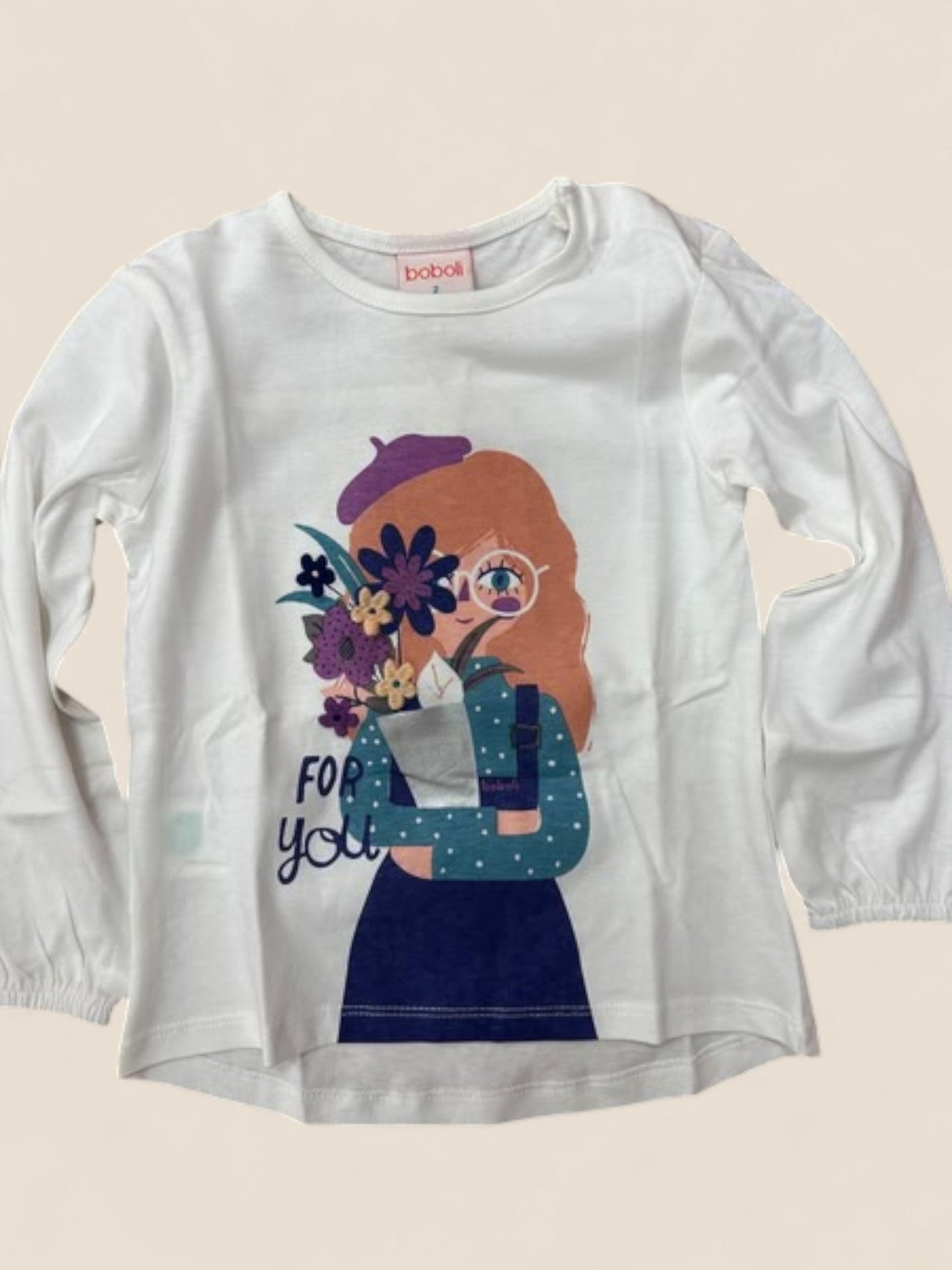 Camiseta blanca niña manga larga con ilustración "For You" BOBOLI