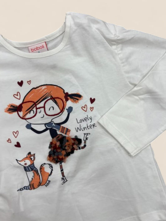 Camiseta blanca niña manga larga con estampado Lovely Winter BOBOLI