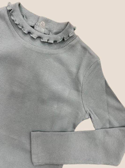 Camiseta canalé azul con cuello volante y manga larga | Boboli BOBOLI