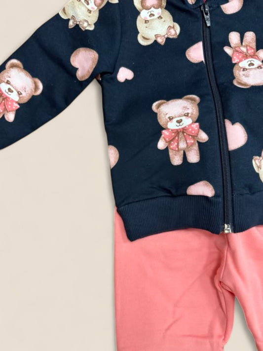 Chándal bebé ositos estampados con chaqueta capucha y pantalón coral KYLY