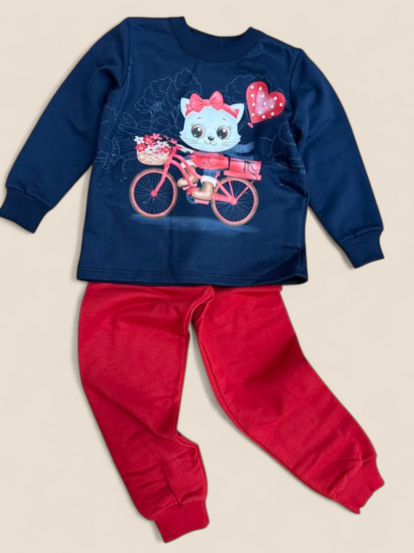 Chándal niña azul marino con gatita ciclista y pantalón rojo KYLY
