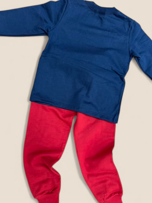 Chándal niña azul marino con gatita ciclista y pantalón rojo KYLY