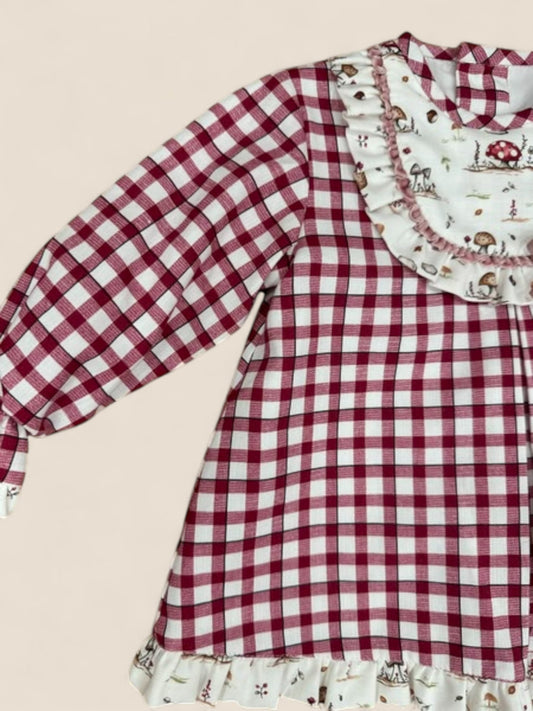 Conjunto bebé cuadros burdeos con blusa estampada bosque Belén Costales