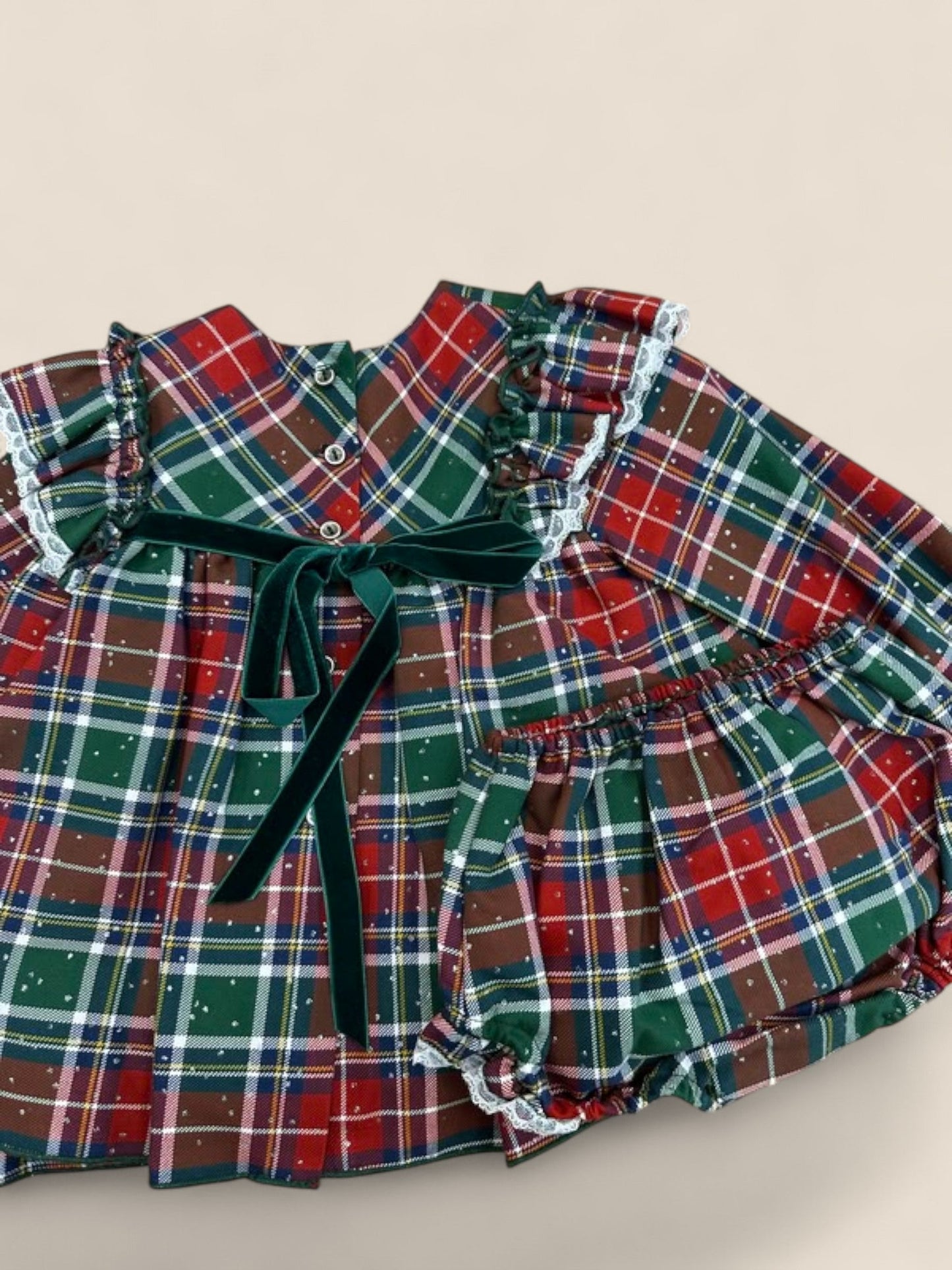 Conjunto bebé cuadros tartán navideño con puntilla Lolittos