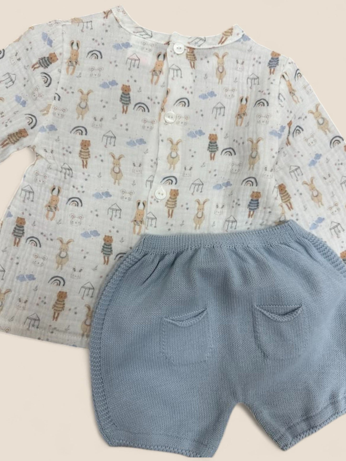 Conjunto bebé muselina animalitos y cubrepañal azul Visi