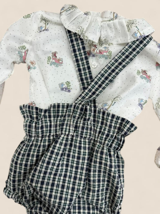 Conjunto bebé ranita cuadros con tirantes y blusa estampada CUCÚ