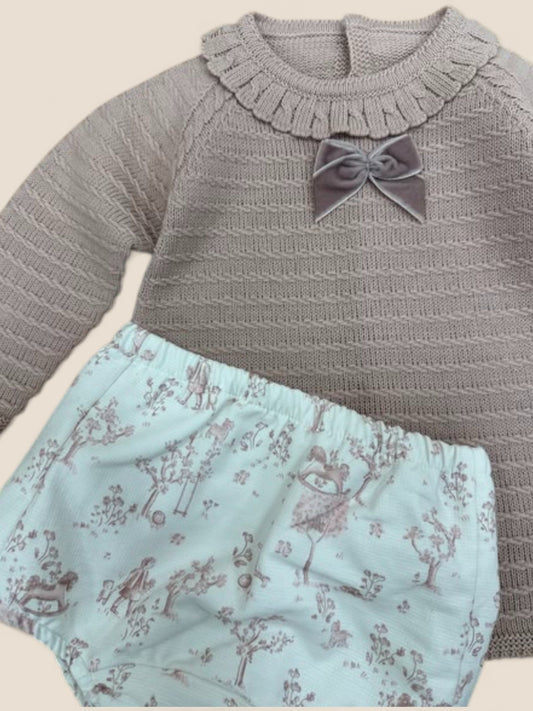 Conjunto bebé rosa empolvado punto y ranita estampada Visi