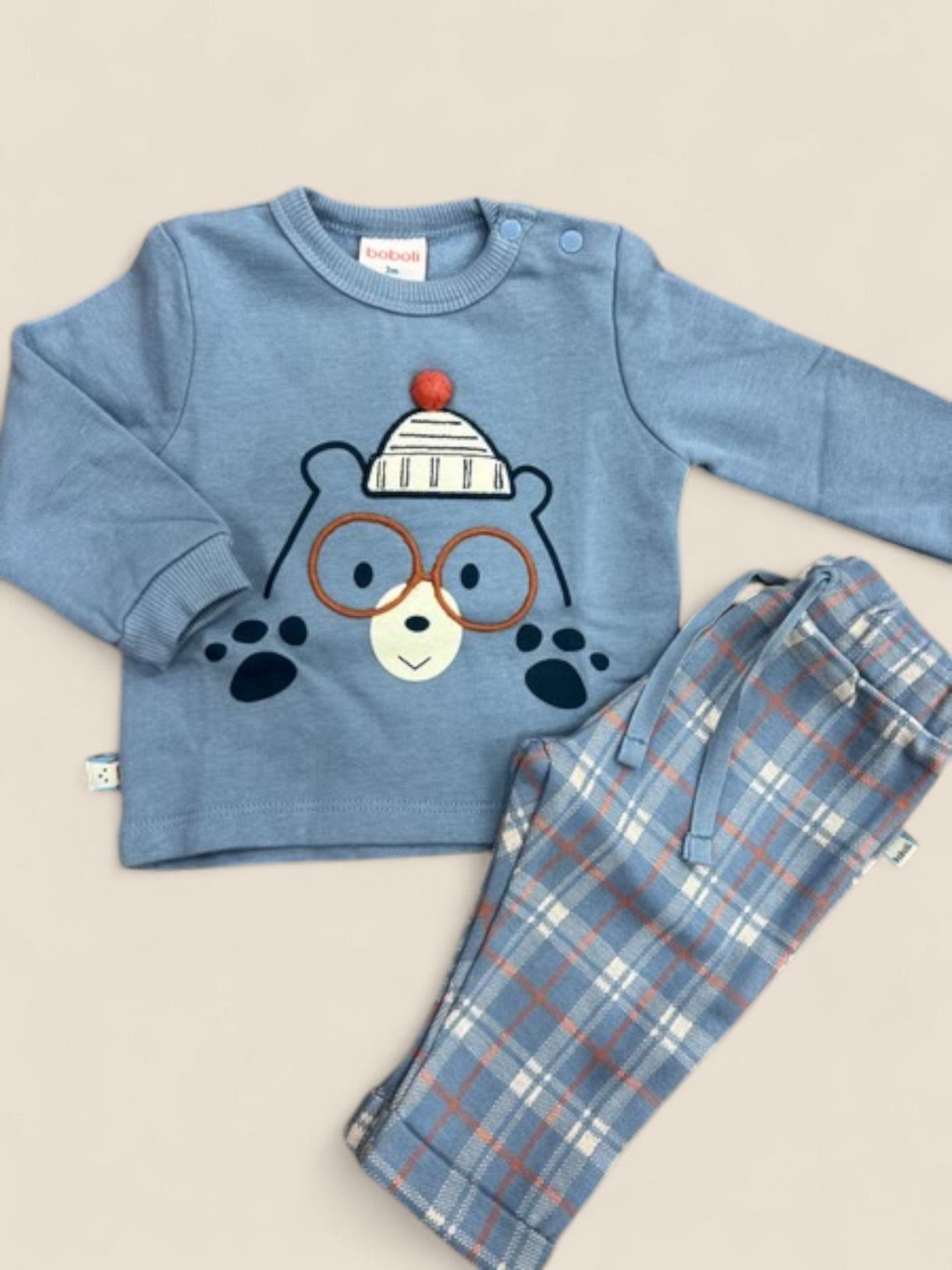 Conjunto bebé sudadera azul oso y pantalón cuadros BOBOLI