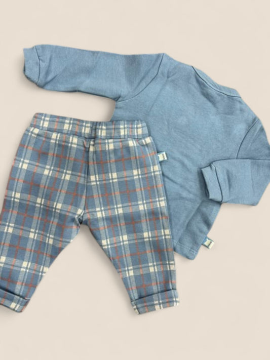 Conjunto bebé sudadera azul oso y pantalón cuadros BOBOLI