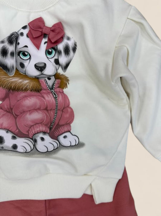 Conjunto bebé sudadera dálmata con lazo y pantalón rosa KYLY