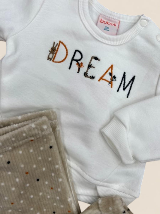 Conjunto bebé sudadera blanca DREAM y leggings beige de topitos BOBOLI