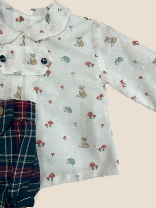 Conjunto bebé zorro con blusa estampada y braguita cuadros escoceses CUCÚ