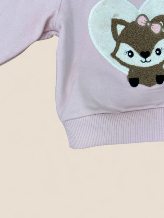 Conjunto niña sudadera rosa con zorrito y pantalón verde oliva KYLY