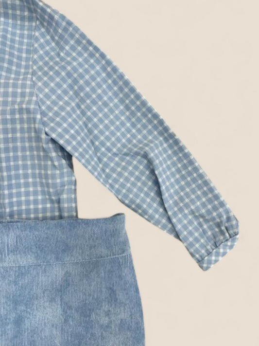 Conjunto niño camisa cuadros celeste y short pana azul Lolittos