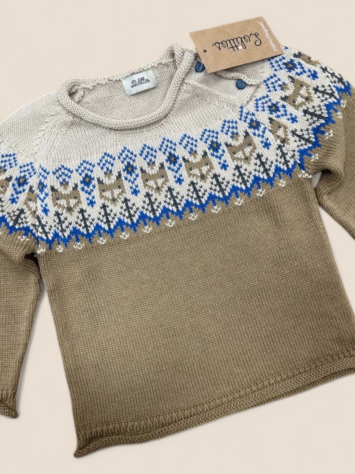 Jersey de punto nórdico beige y azul para bebé Lolittos