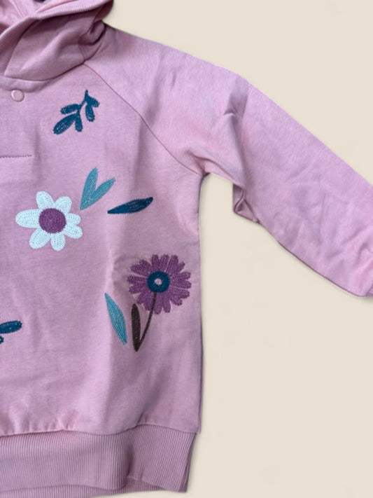 Sudadera rosa niña con capucha y flores bordadas BOBOLI