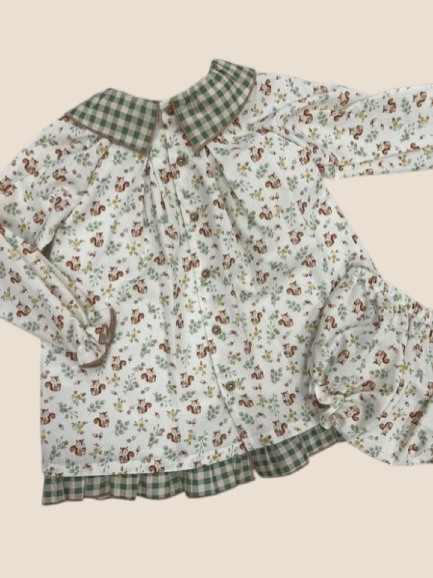 Vestido animalitos del bosque con cuello vichy y braguita Pangasa