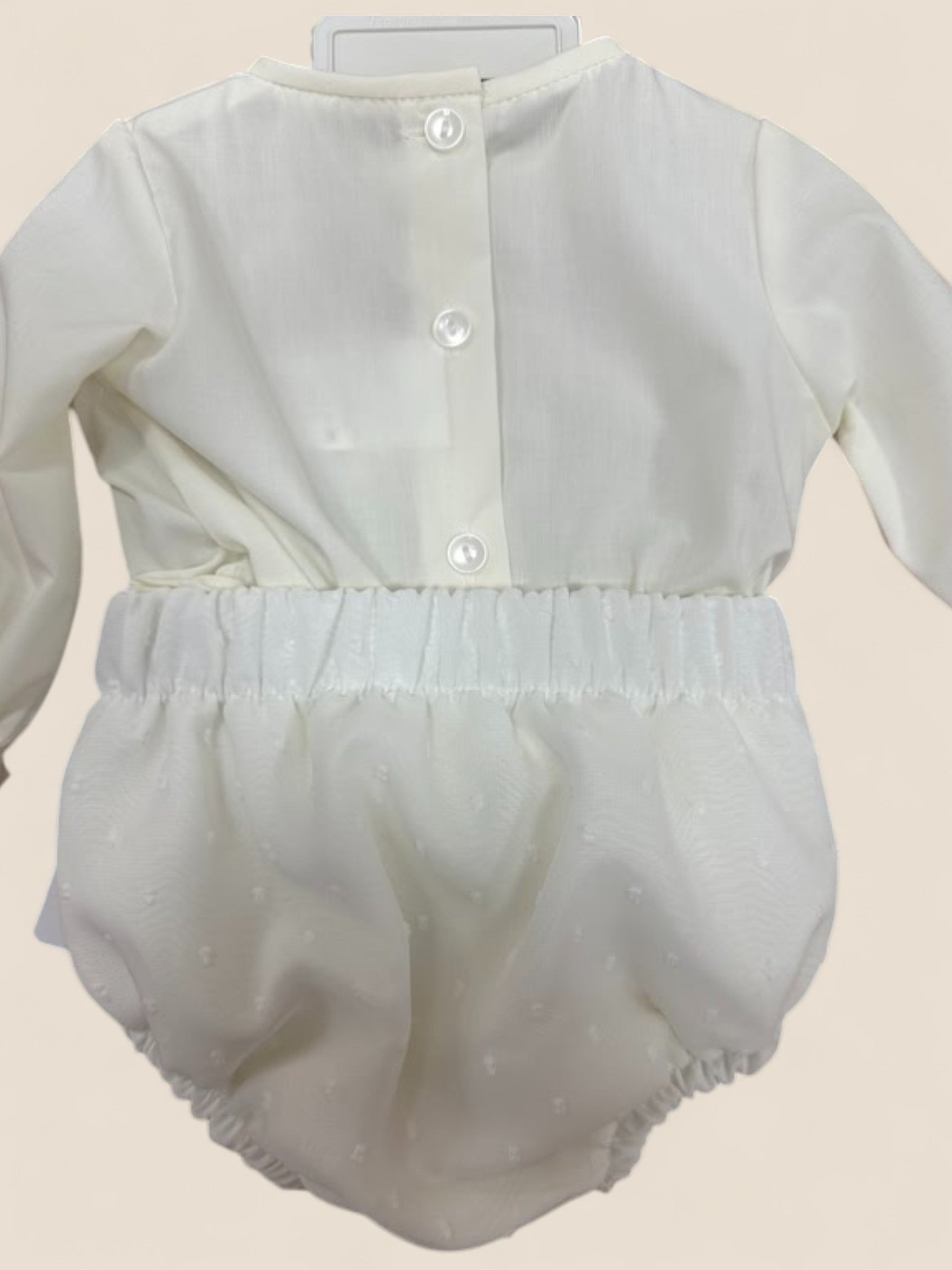 Conjunto bebé blanco roto con encaje y lazo rosa empolvado Eva Martinez