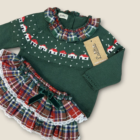 Conjunto bebé verde con falda tartán y casita de invierno Lolittos