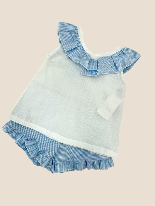 Conjunto blanco y azul con volante Peques del Valle