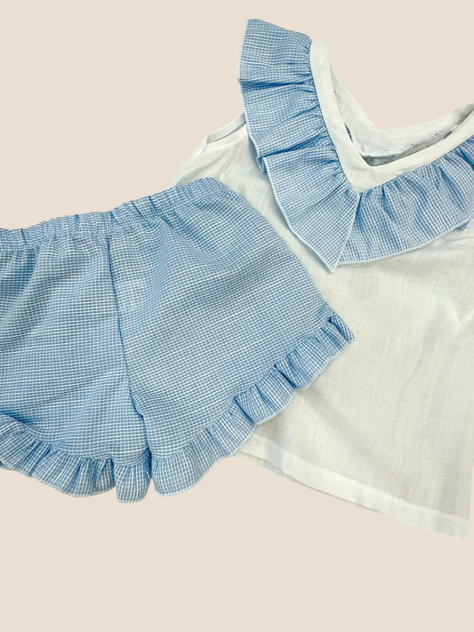 Conjunto blanco y azul con volante Peques del Valle