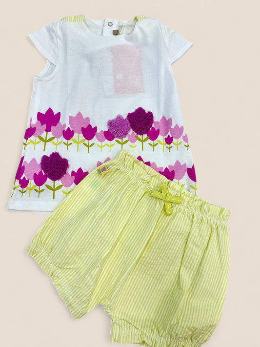 Conjunto floral con short en fucsia y amarillo Peques del Valle