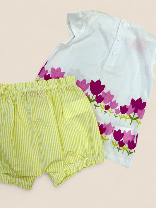 Conjunto floral con short en fucsia y amarillo Peques del Valle