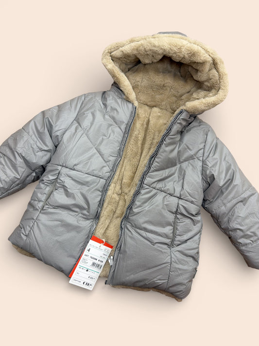 Abrigo niña acolchado gris infantil reversible con capucha y forro efecto borreguito