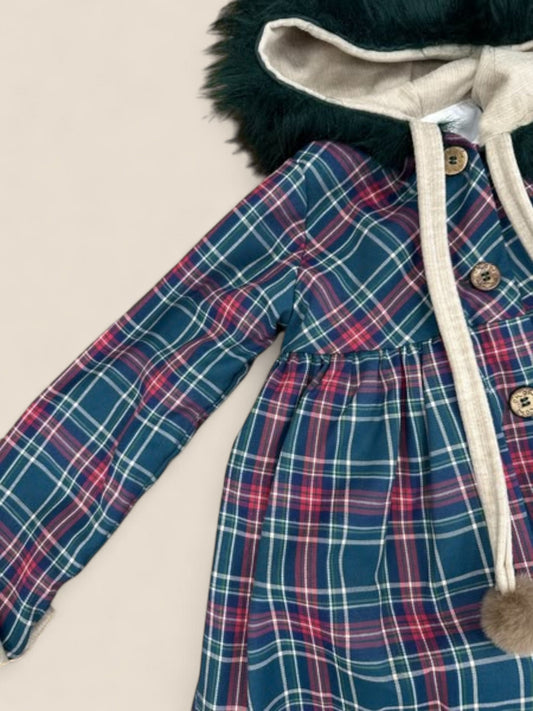 Abrigo niña cuadros azul y rojo con capucha de pelo CUCÚ