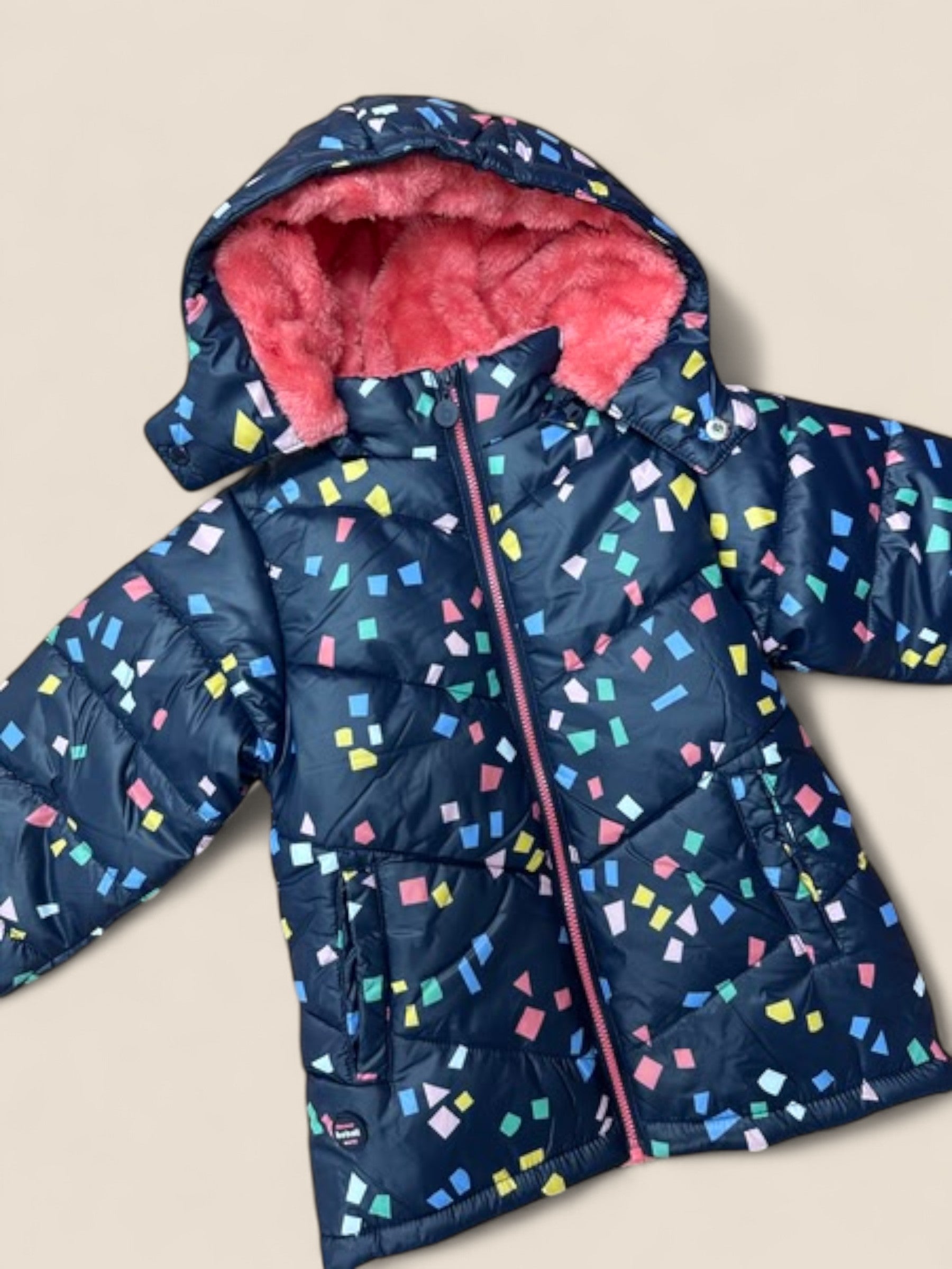 Abrigo acolchado niña marino con estampado confeti y forro coral BOBOLI