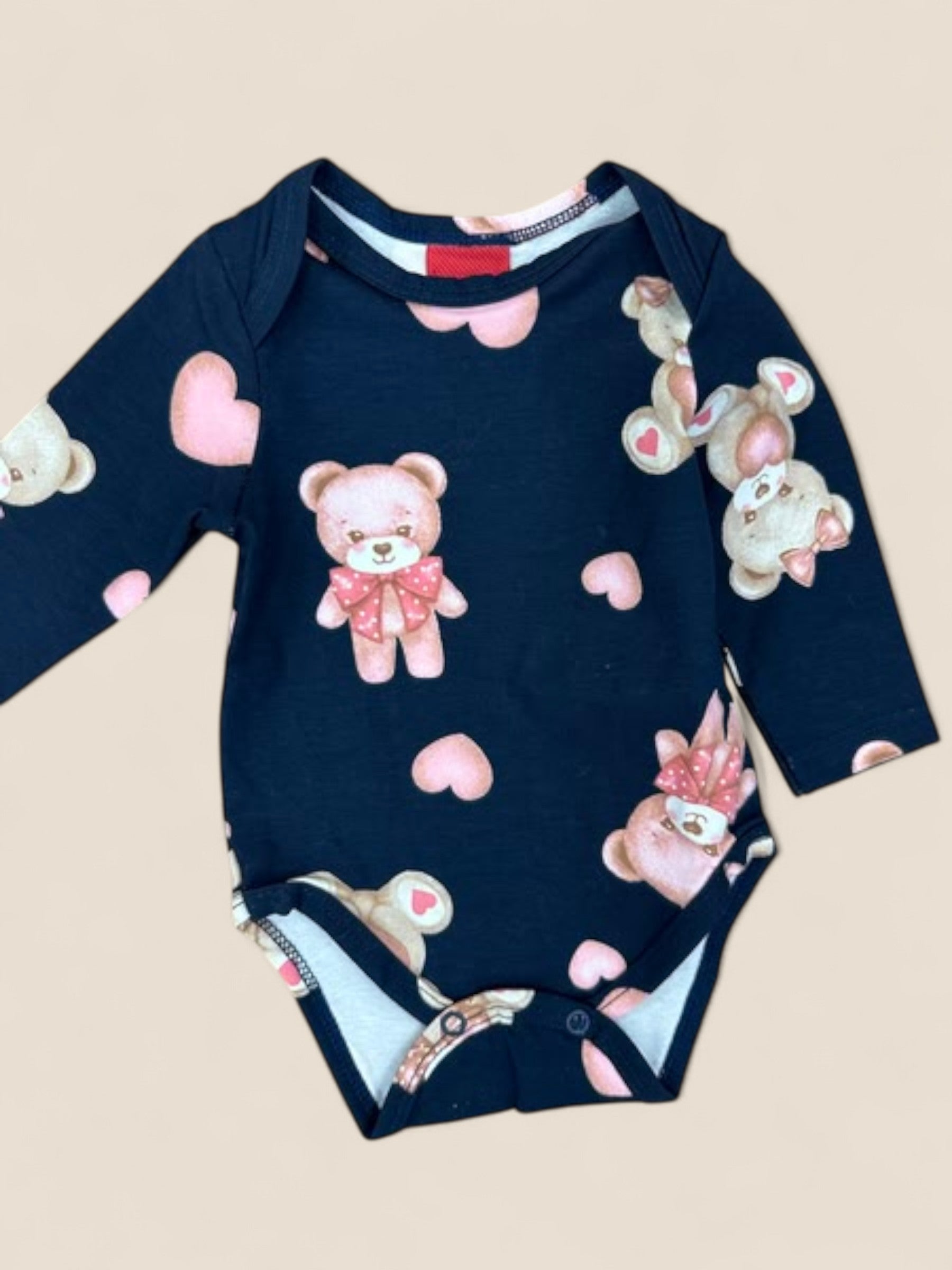 Body bebé de manga larga azul marino con estampado de ositos y corazones KYLY