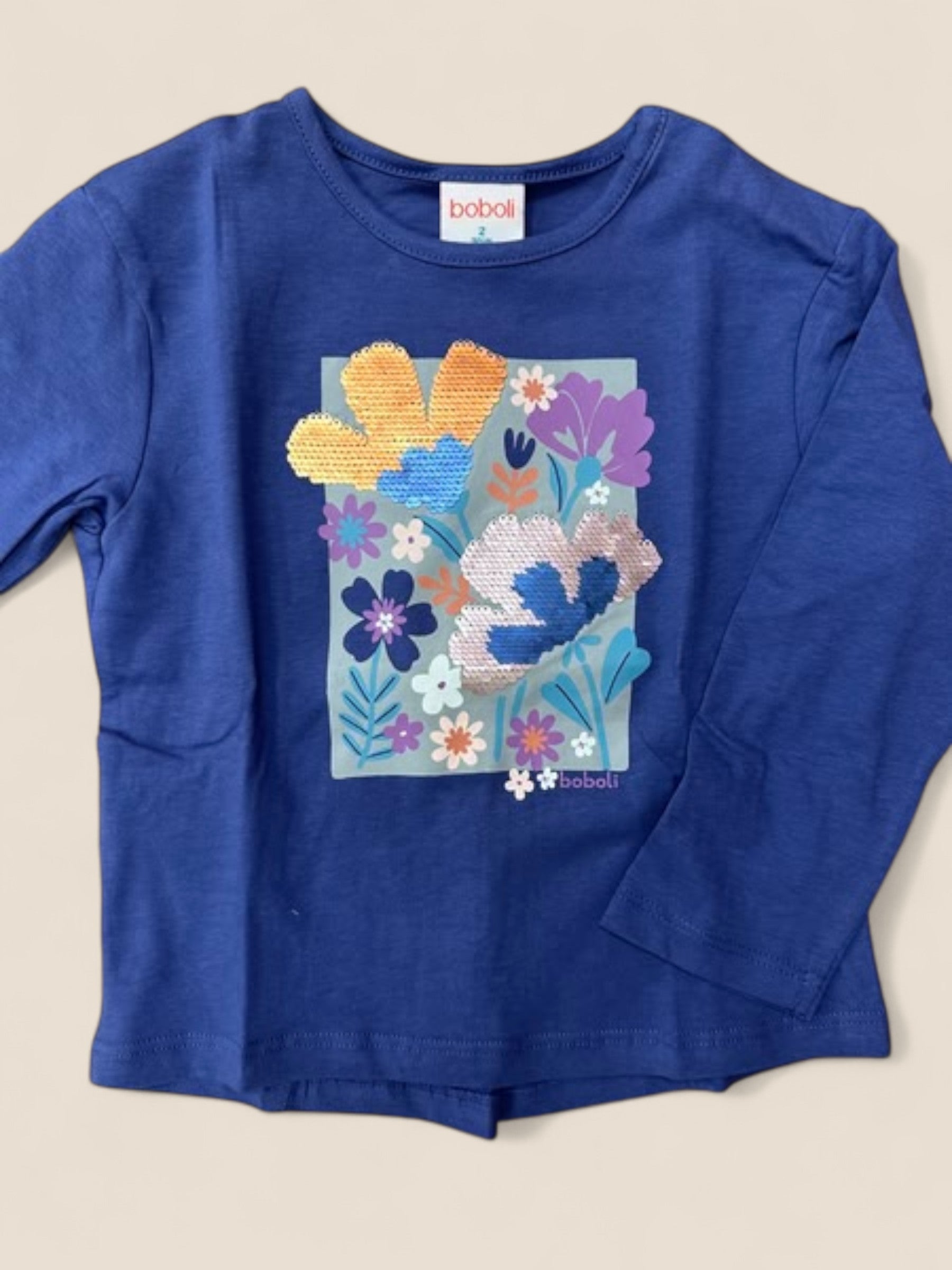 Camiseta azul niña manga larga con flores y lentejuelas reversibles BOBOLI