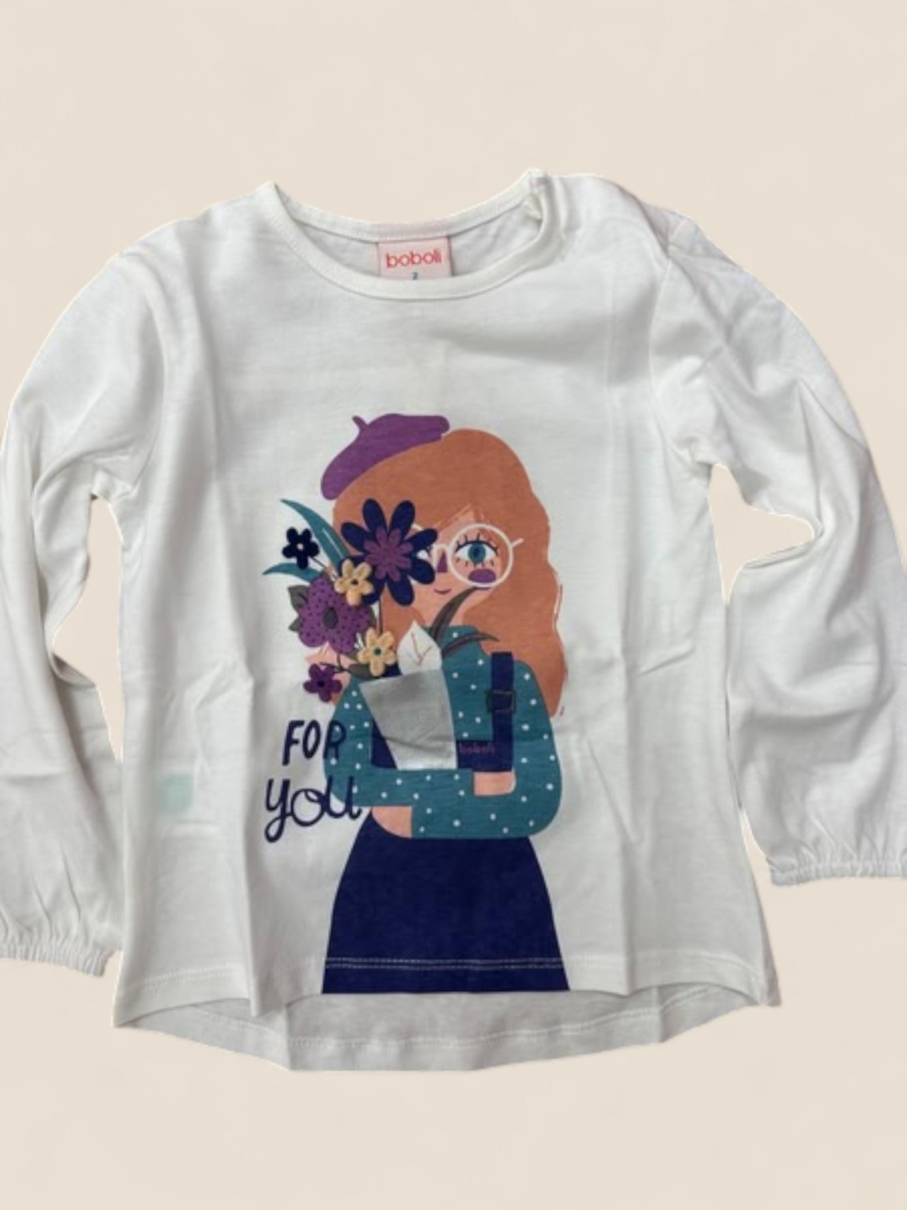Camiseta blanca niña manga larga con ilustración 