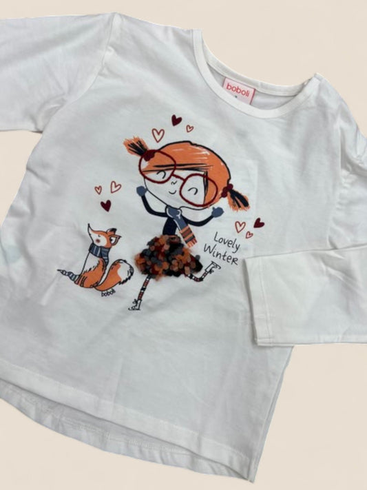 Camiseta blanca niña manga larga con estampado Lovely Winter BOBOLI