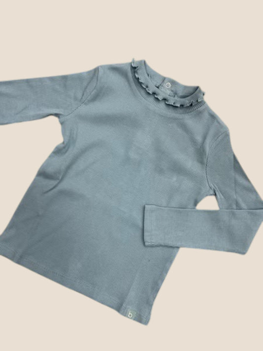 Camiseta canalé azul con cuello volante y manga larga | Boboli BOBOLI