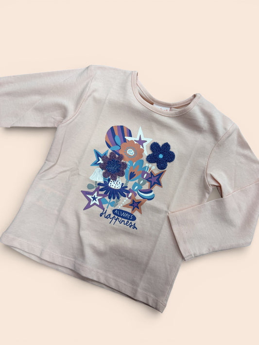 Camiseta infantil rosa de manga larga con estampado floral “Always happiness”