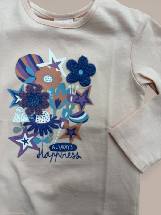 Camiseta infantil rosa de manga larga con estampado floral “Always happiness”
