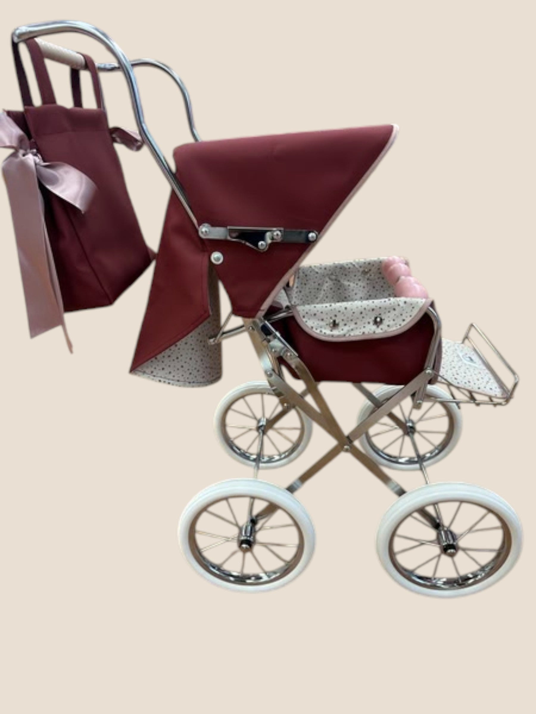 Carrito muñecas clásico con capota y bolso burdeos - BEBELUX Bebelux
