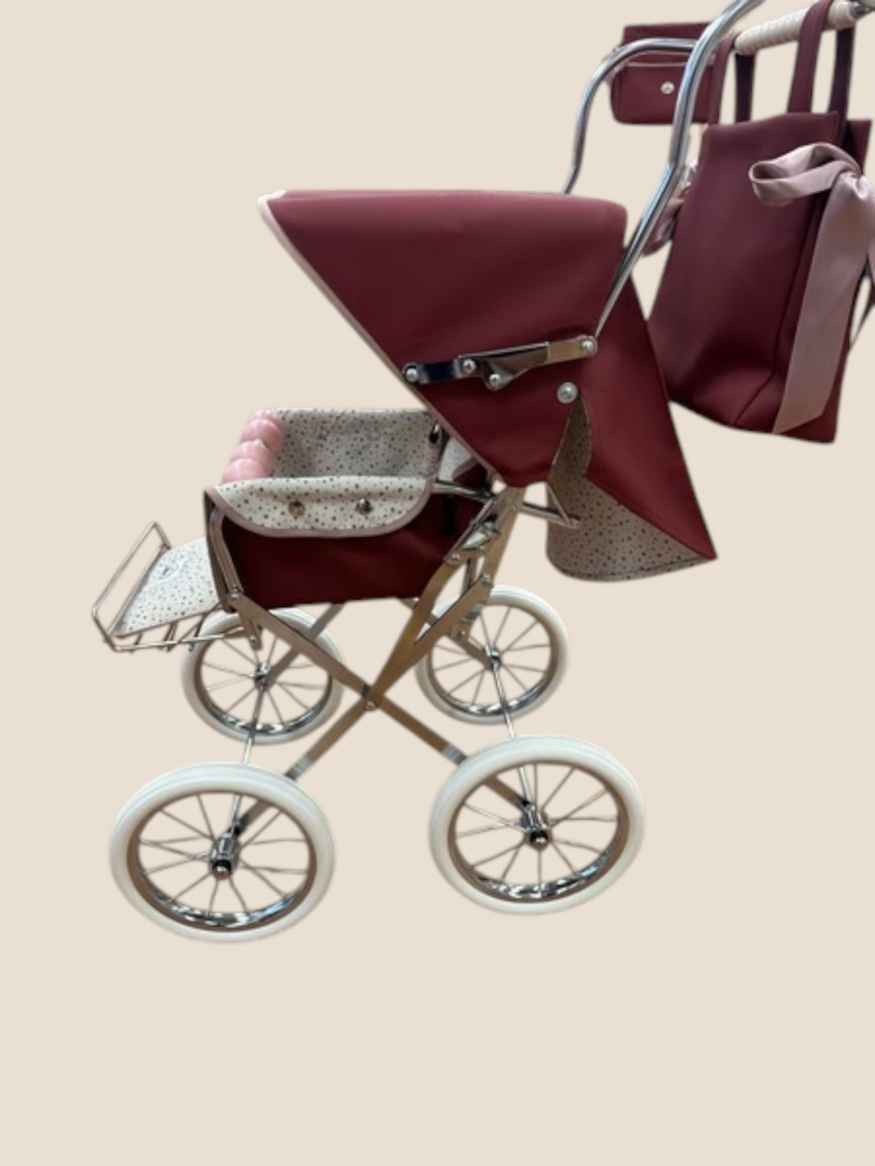Carrito muñecas clásico con capota y bolso burdeos - BEBELUX Bebelux