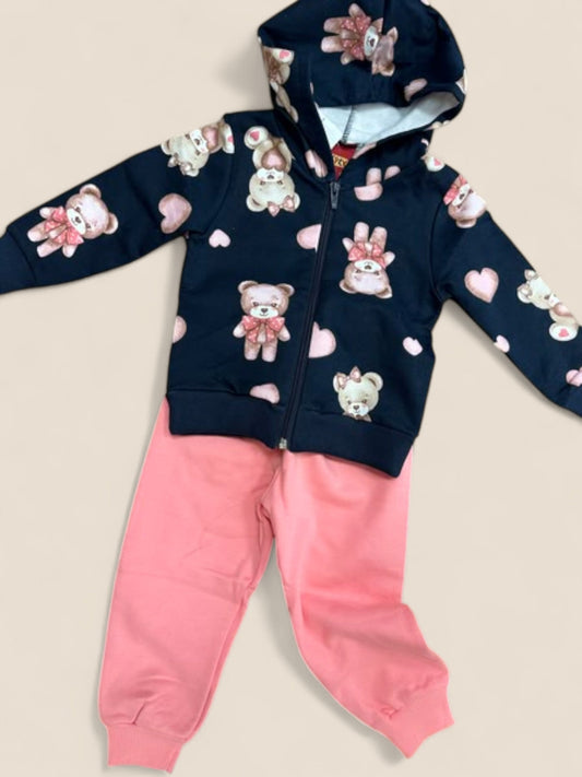 Chándal bebé ositos estampados con chaqueta capucha y pantalón coral KYLY