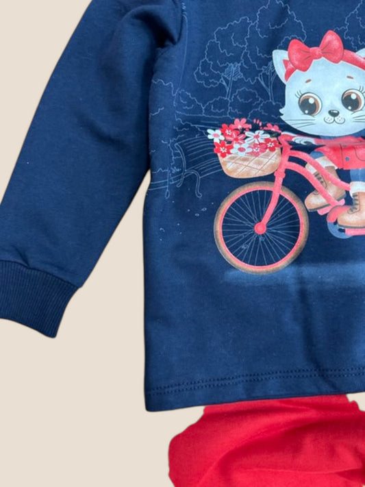 Chándal niña azul marino con gatita ciclista y pantalón rojo KYLY