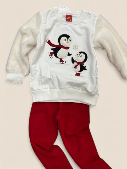 Chándal niña blanco con pingüinos y pantalón rojo KYLY