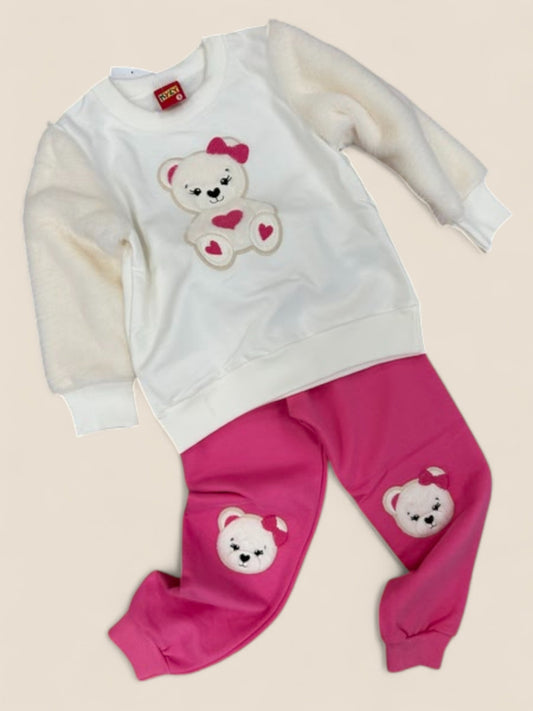Chándal niña osita blanca con pantalón rosa KYLY