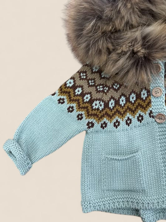 Chaqueta bebé punto azul con capucha pelo Lolittos