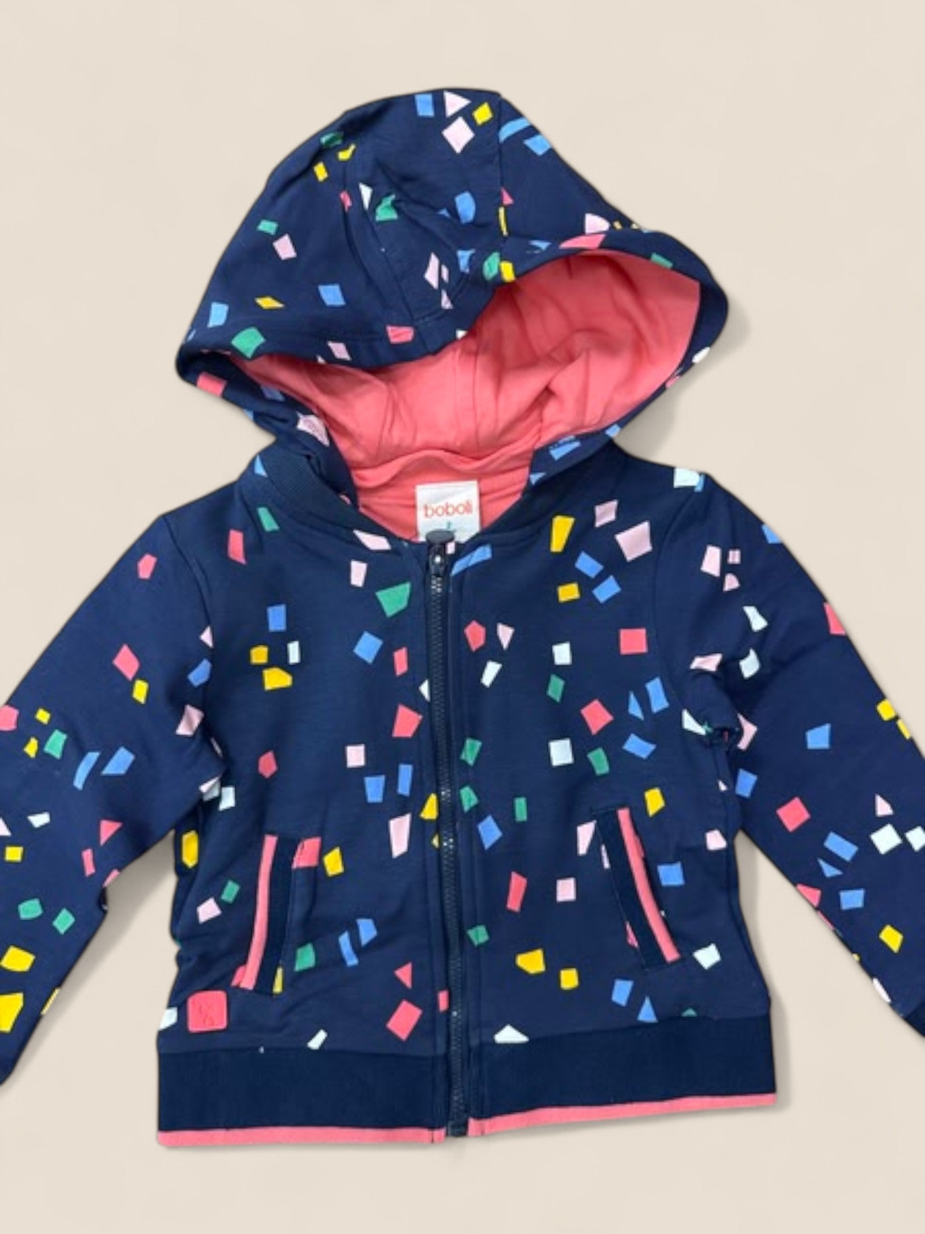 Chaqueta niña azul marino con capucha y estampado confeti BOBOLI