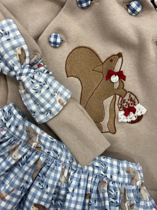 Conjunto bebé ardilla tres piezas con capucha y braguita vichy Peques del Valle