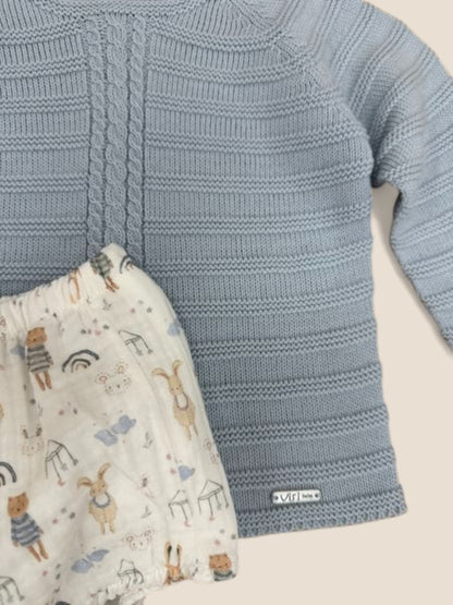 Conjunto bebé azul punto y ranita con animalitos Visi